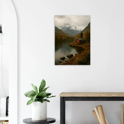 Red Cabin by the Lake: A Serene Autumn Mountain Landscape Poster