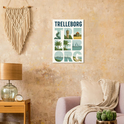 Trelleborg Travel Poster: Iconic Landmarks & Coastal Views in a Unique Typography Design