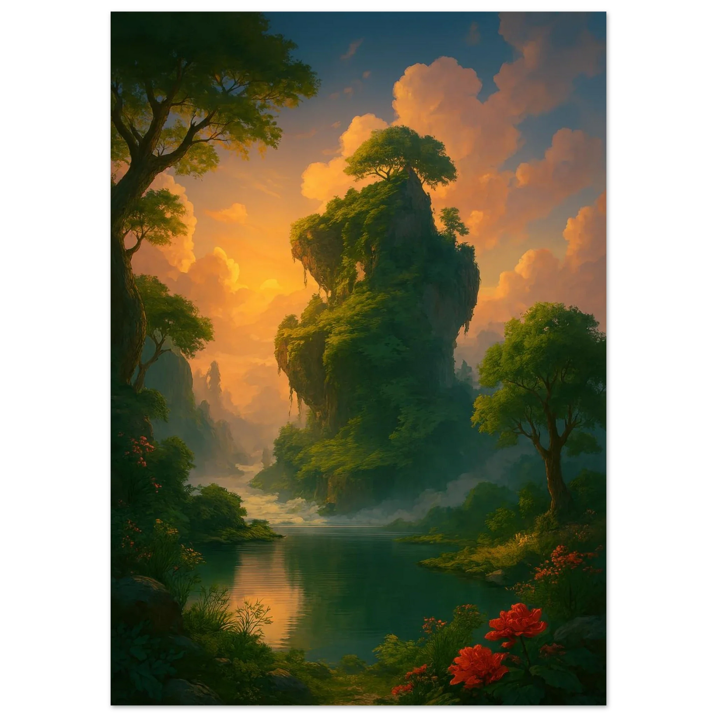 Mystical Sunset Isle: Vibrant Landscape Premium Art Poster