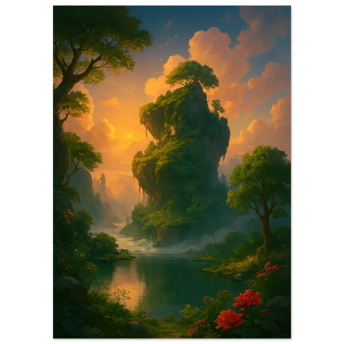 Mystical Sunset Isle: Vibrant Landscape Premium Art Poster
