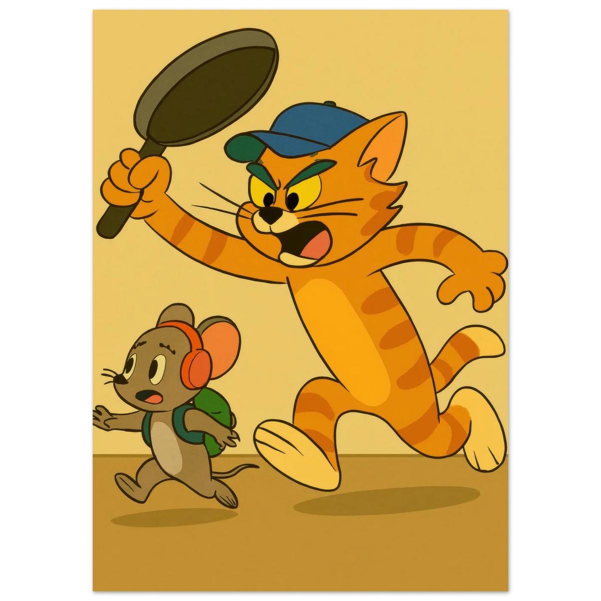 Katt Poster – Katt Jagar Mus med Stekpanna | Premium Halvblankt Papper