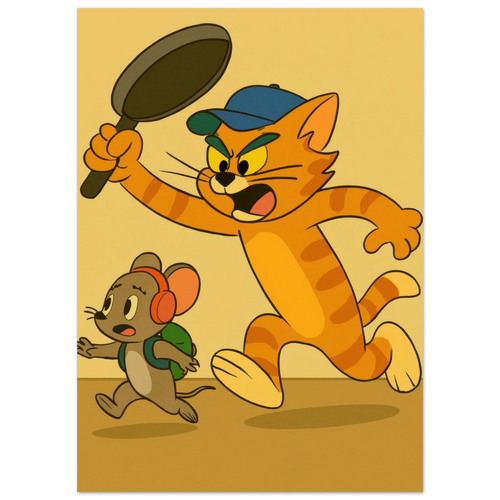 Katt Poster – Katt Jagar Mus med Stekpanna | Premium Halvblankt Papper