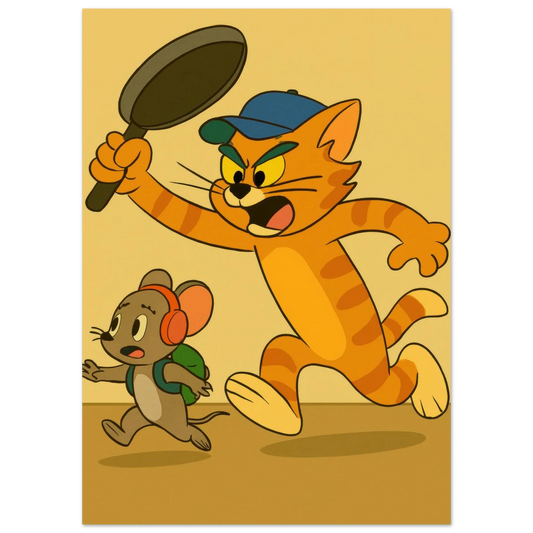 Katt Poster – Katt Jagar Mus med Stekpanna | Premium Halvblankt Papper