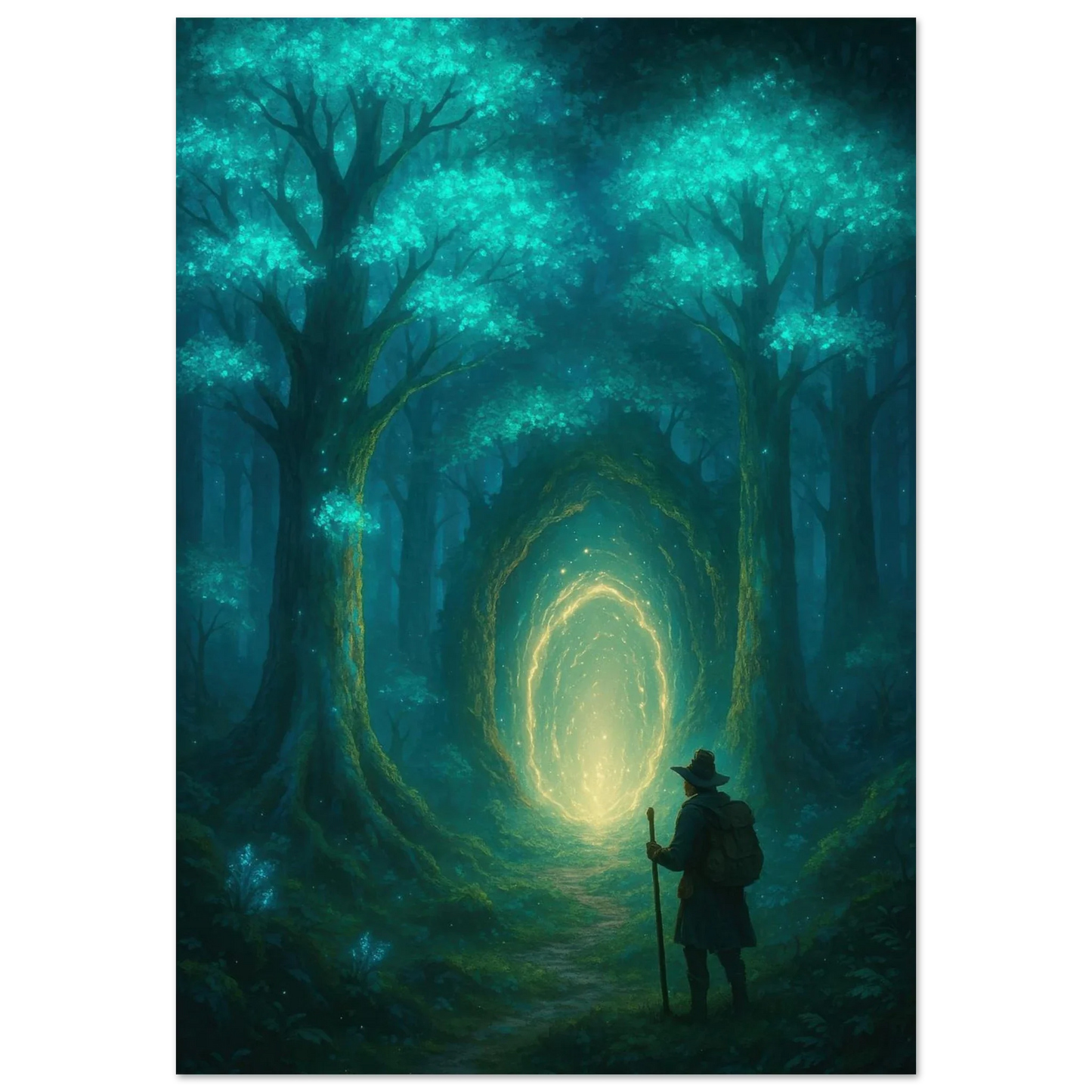 Mystisk Skog Portal Poster - Förtrollande Konsttryck med Lysande Träd & Äventyrare
