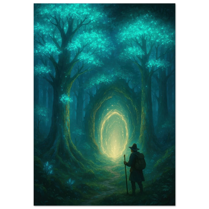 Mystisk Skog Portal Poster - Förtrollande Konsttryck med Lysande Träd & Äventyrare