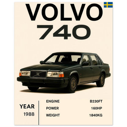 Volvo 740 Vintage Bilkonsttryck – Klassisk Skandinavisk Design Poster