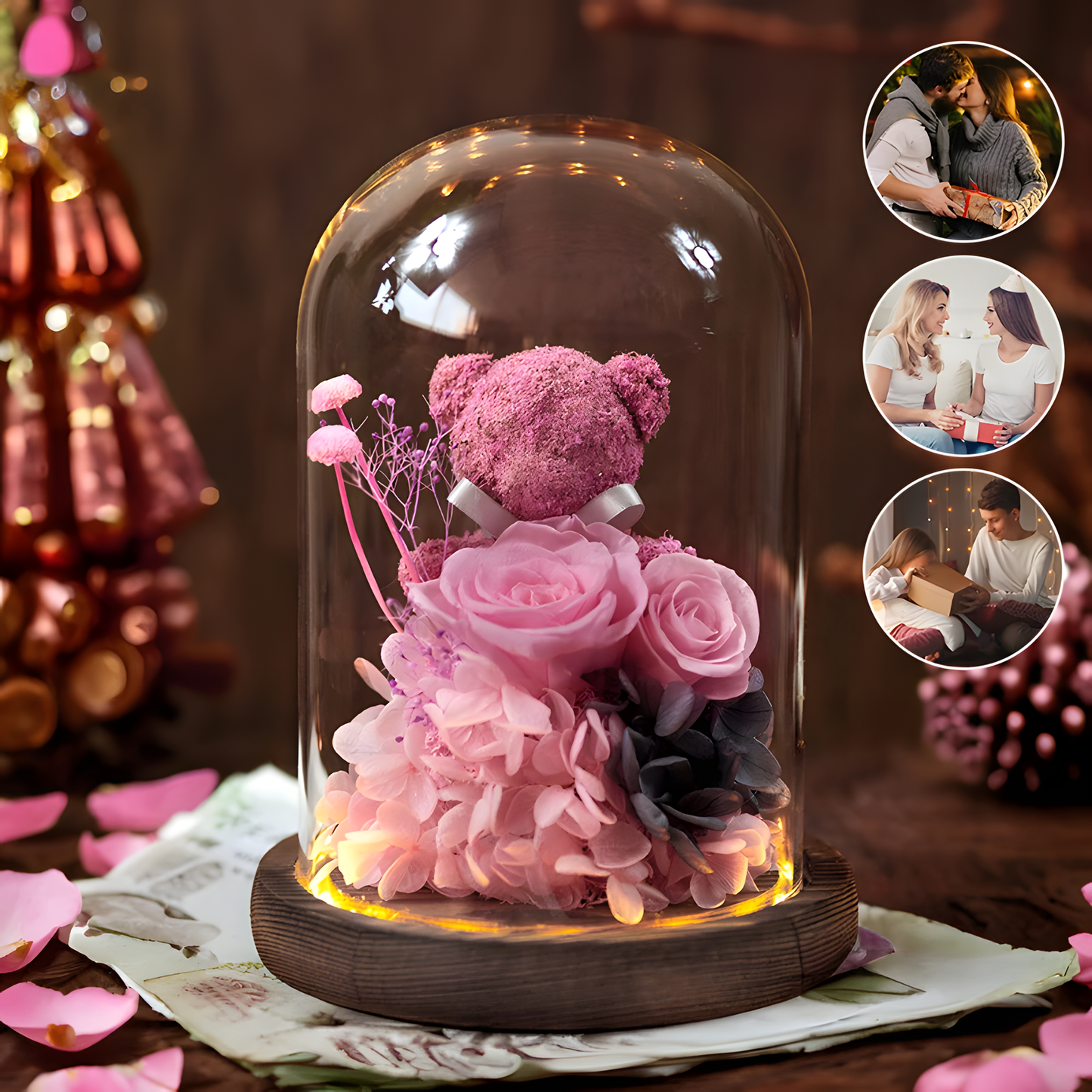 Rose Bear Glass Dome