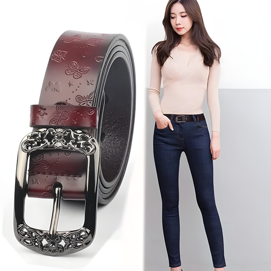Embossed Butterfly Leather Belt