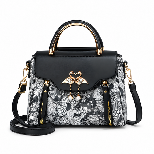 Bird-Charm Printed Shoulder Bag