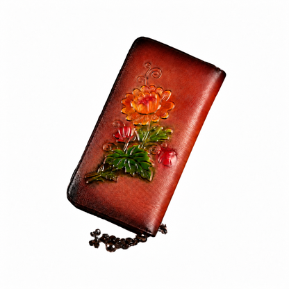 Floral Embossed Leather Zip Wallet