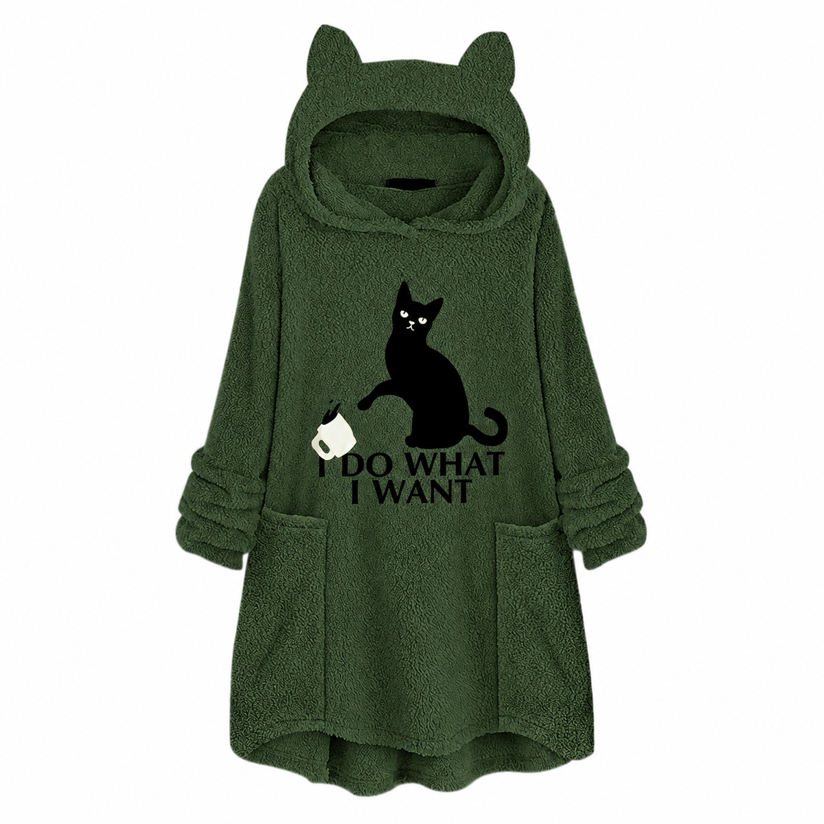 Cat Print Longline Fleece Hoodie