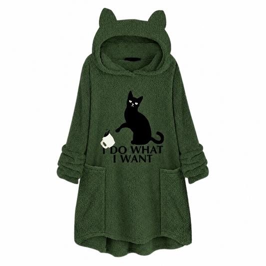 Cat Print Longline Fleece Hoodie