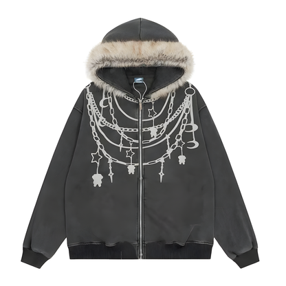 Plush-Collar Hooded Jacket