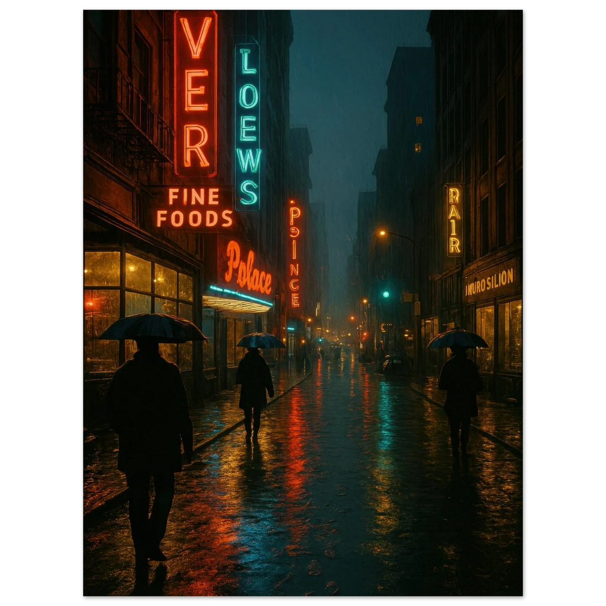 Neon Nights Rainwalk Poster - Urban Noir Cityscape Art Print in Various Sizes