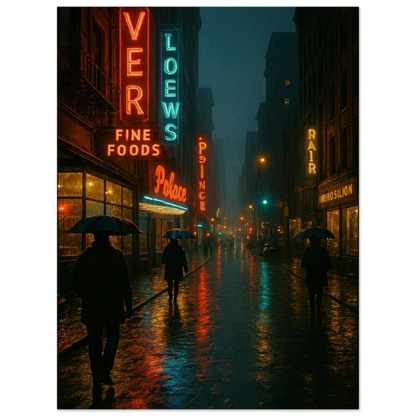 Neon Nights Rainwalk Poster - Urban Noir Cityscape Art Print in Various Sizes