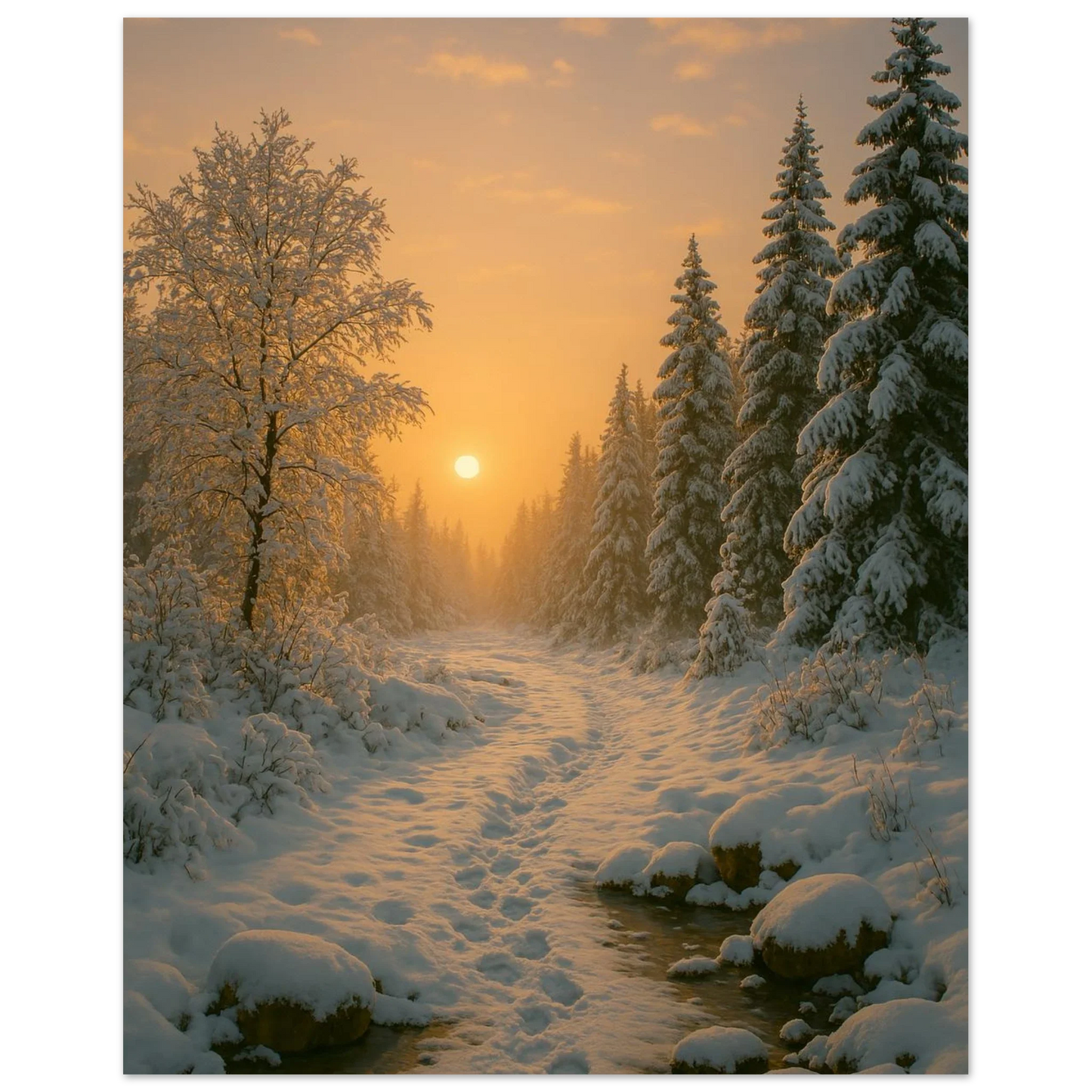 Winter Sunset Wonderland Poster - Golden Hour Forest Landscape Art Print in Various Sizes