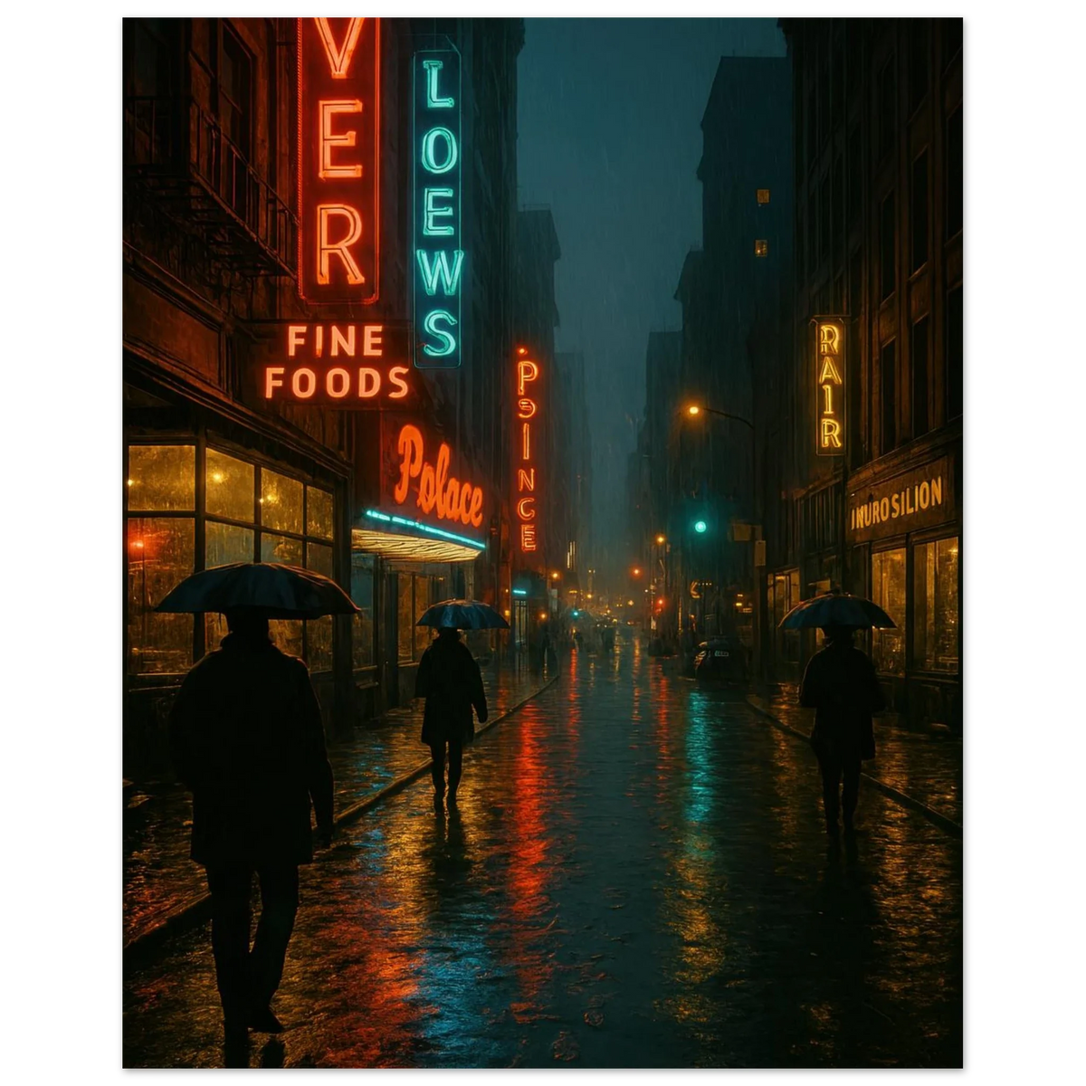 Neon Nights Rainwalk Poster - Urban Noir Cityscape Art Print in Various Sizes