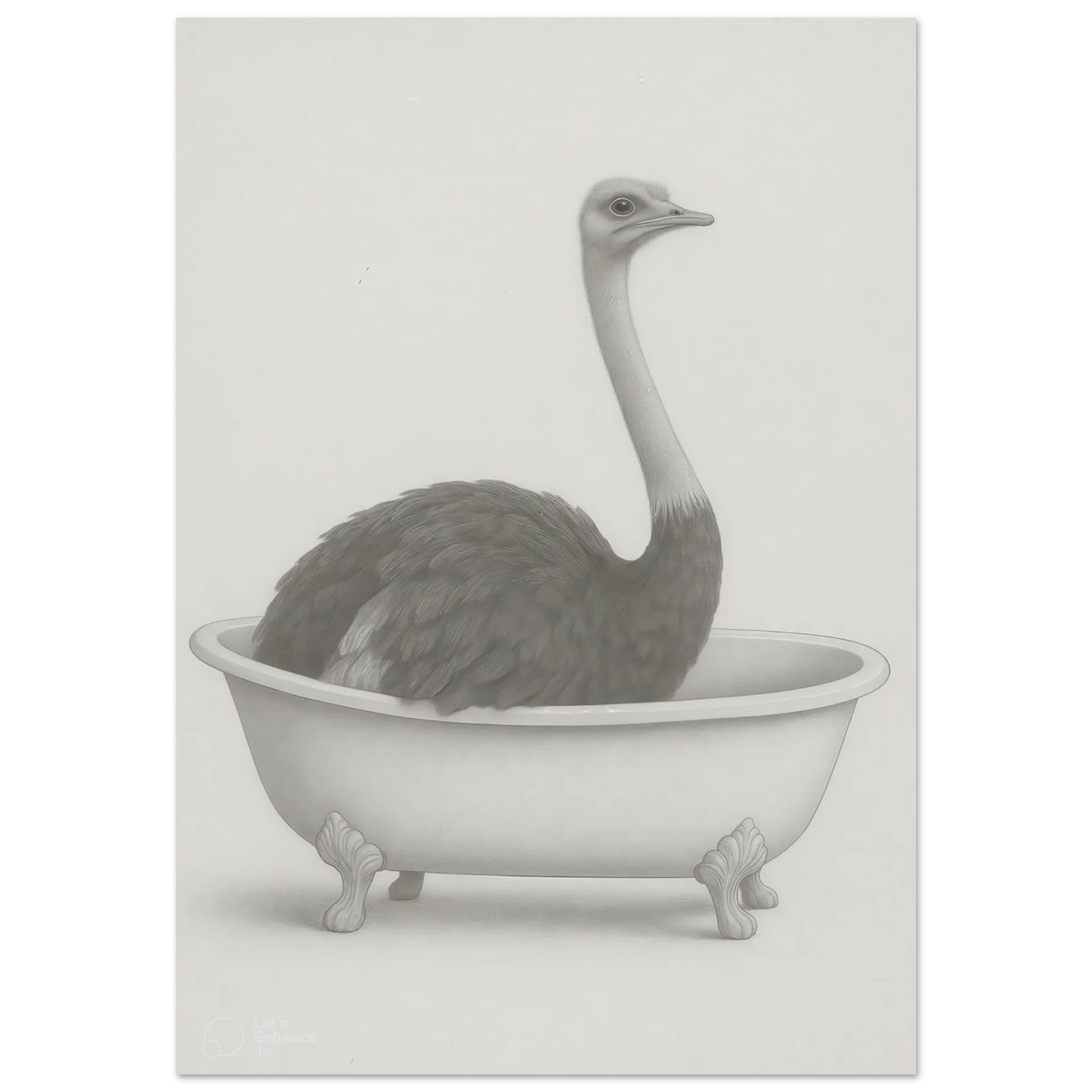 Humorous Ostrich in Bathtub Surreal Art Poster – Quirky Minimalist Print for Modern Homes