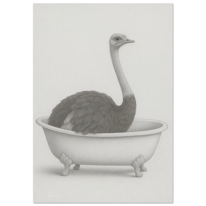 Humorous Ostrich in Bathtub Surreal Art Poster – Quirky Minimalist Print for Modern Homes