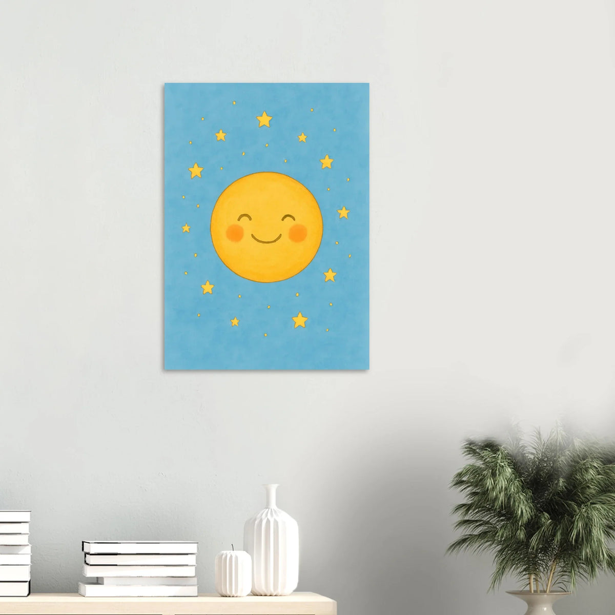 Dreamy Sky Moon & Stars Print | Whimsical Nursery Art | Soft Blue & Yellow Giclee Poster
