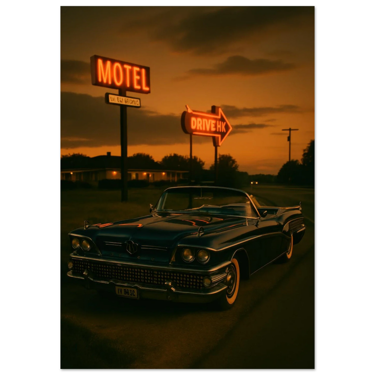 Vintage Sunset Motel Drive: Classic Car Poster - Timeless Retro Vibes