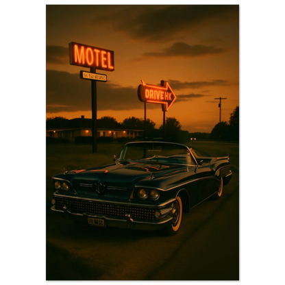 Vintage Sunset Motel Drive: Classic Car Poster - Timeless Retro Vibes