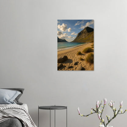 Serene Mountain Beach Horizon Poster – Coastal Beauty Print with Azure Waters & Golden Sand