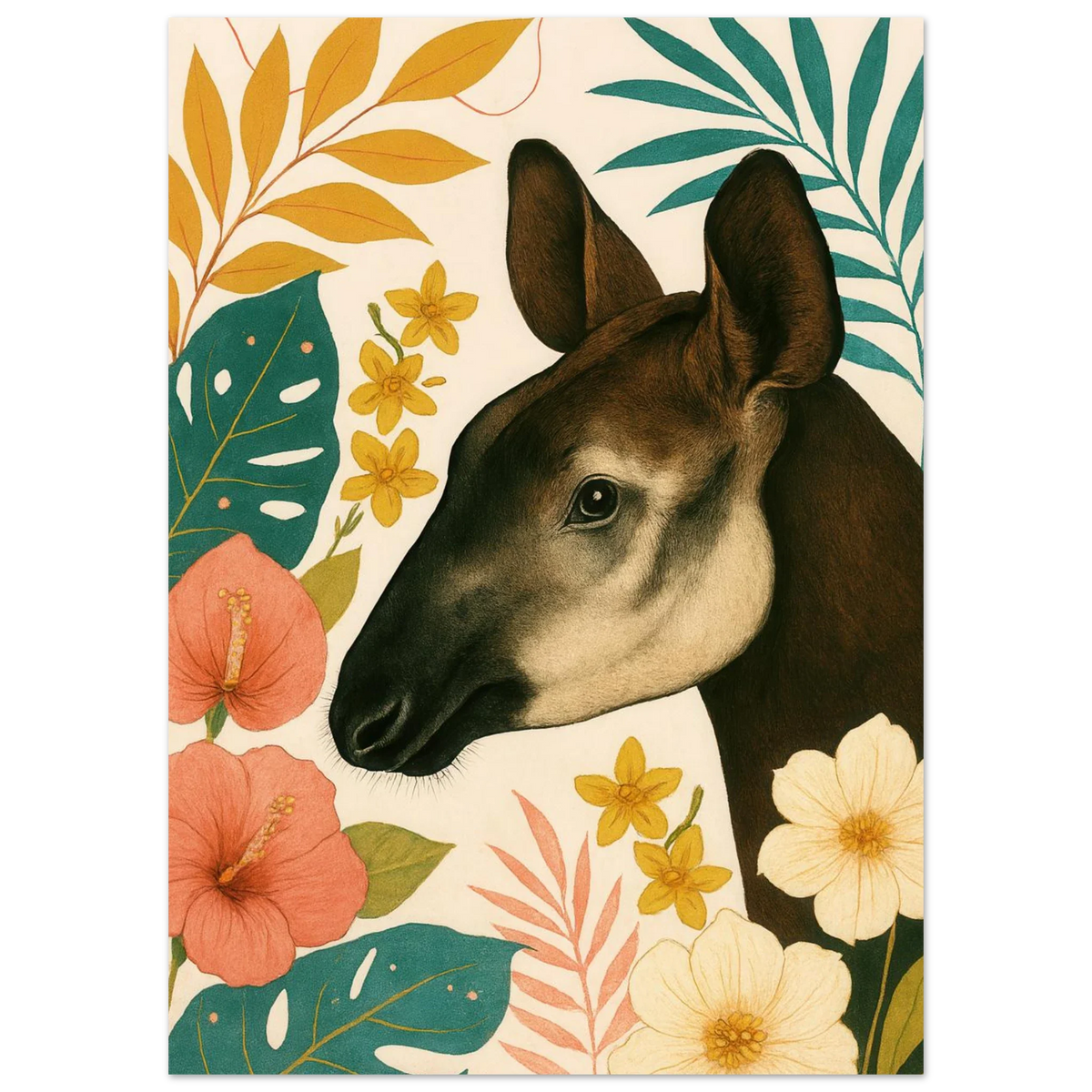 Djur: Okapi i Tropisk Flora Konsttryck - Halvblank Premium Affisch i Flera Storlekar