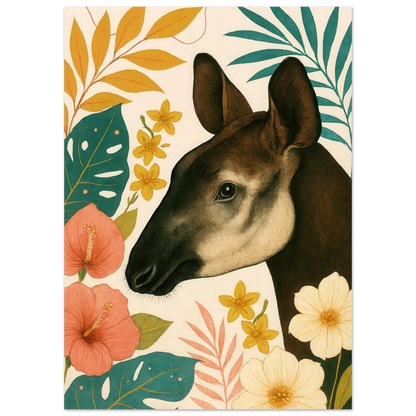 Djur: Okapi i Tropisk Flora Konsttryck - Halvblank Premium Affisch i Flera Storlekar