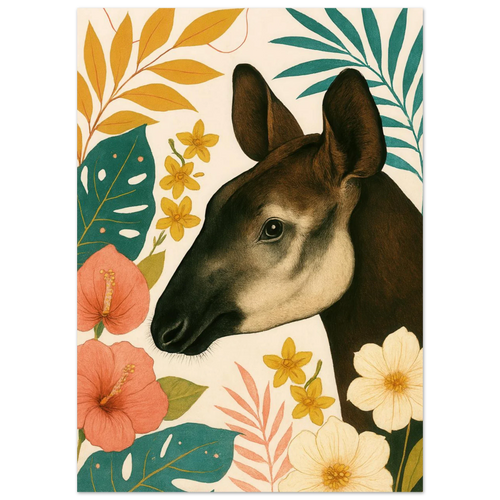 Djur: Okapi i Tropisk Flora Konsttryck - Halvblank Premium Affisch i Flera Storlekar