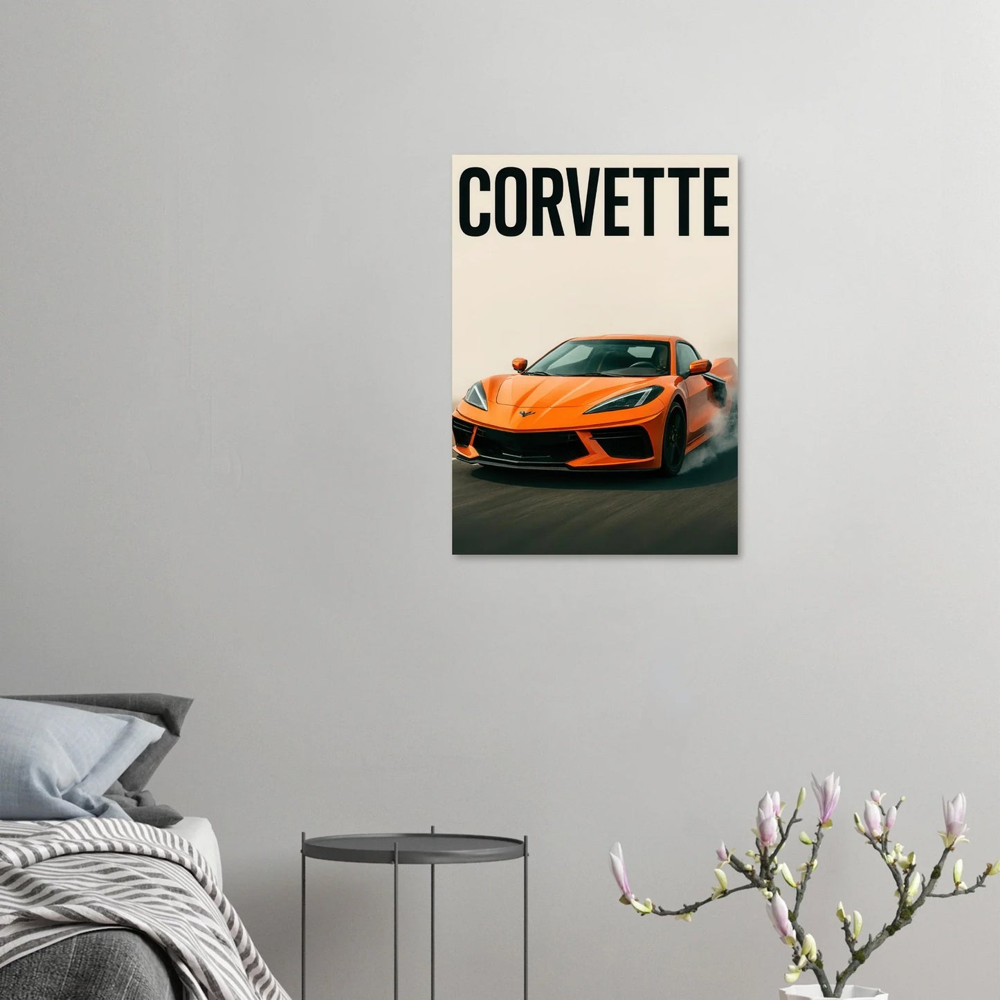 Corvette Stingray Sportbil Affisch: Ikonisk Orange Racing Konsttryck i Premiumkvalitet