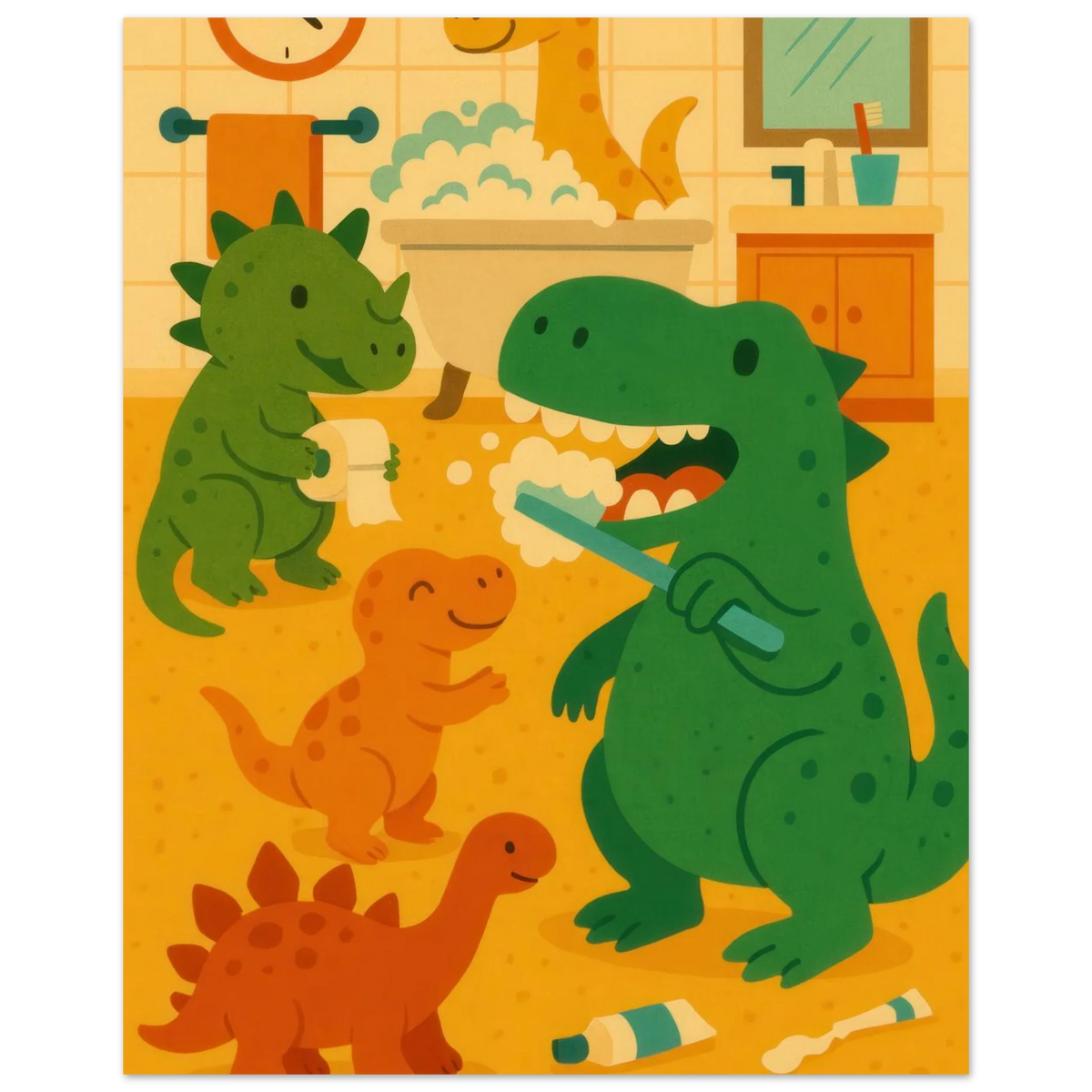 Lekfull Dino Badrum Konsttryck – Låt Fantasin Flöda med Söta Dinosaurier, Tillgänglig i Flera Storlekar