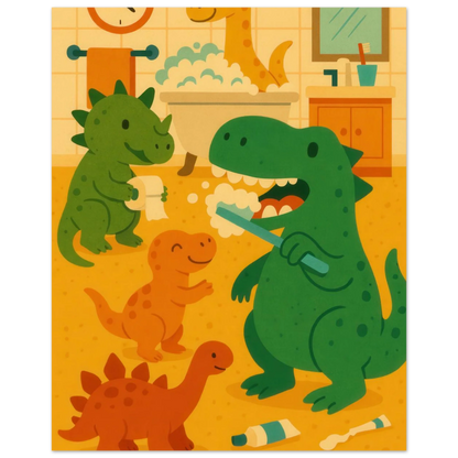 Lekfull Dino Badrum Konsttryck – Låt Fantasin Flöda med Söta Dinosaurier, Tillgänglig i Flera Storlekar