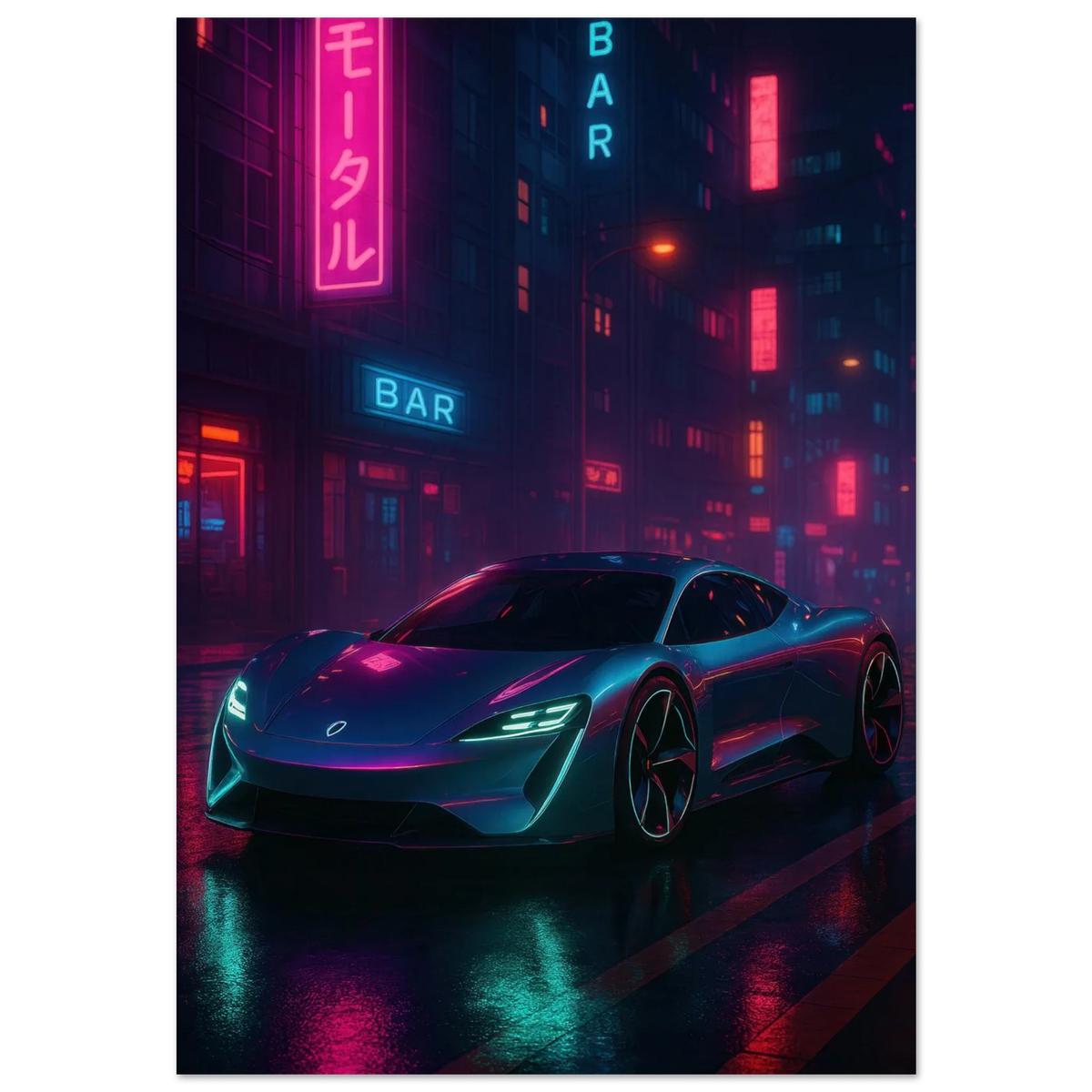 Neon Night Rider: Futuristic Car Street Art Print