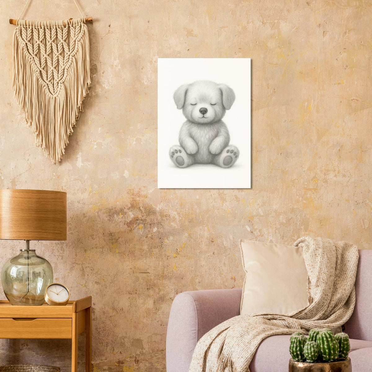 Sleepy Puppy Pencil Sketch Art Print - A Calming & Adorable Nursery Decor Poster