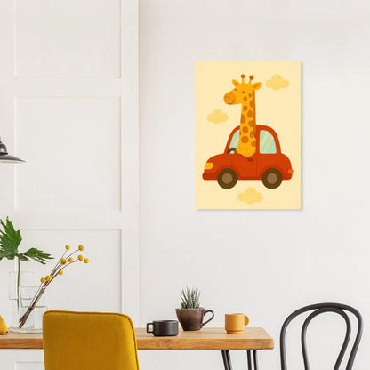 Giraff på Bil – Charmig Barnrumsaffisch