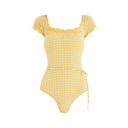 2-Way Off shoulder Yellow Gingham One Piece Swimsuit-3