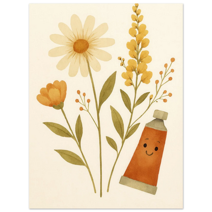 Vibrant Floral & Happy Paint Tube Art Print – Whimsical Barn Style Botanical Wall Art in Multiple Sizes