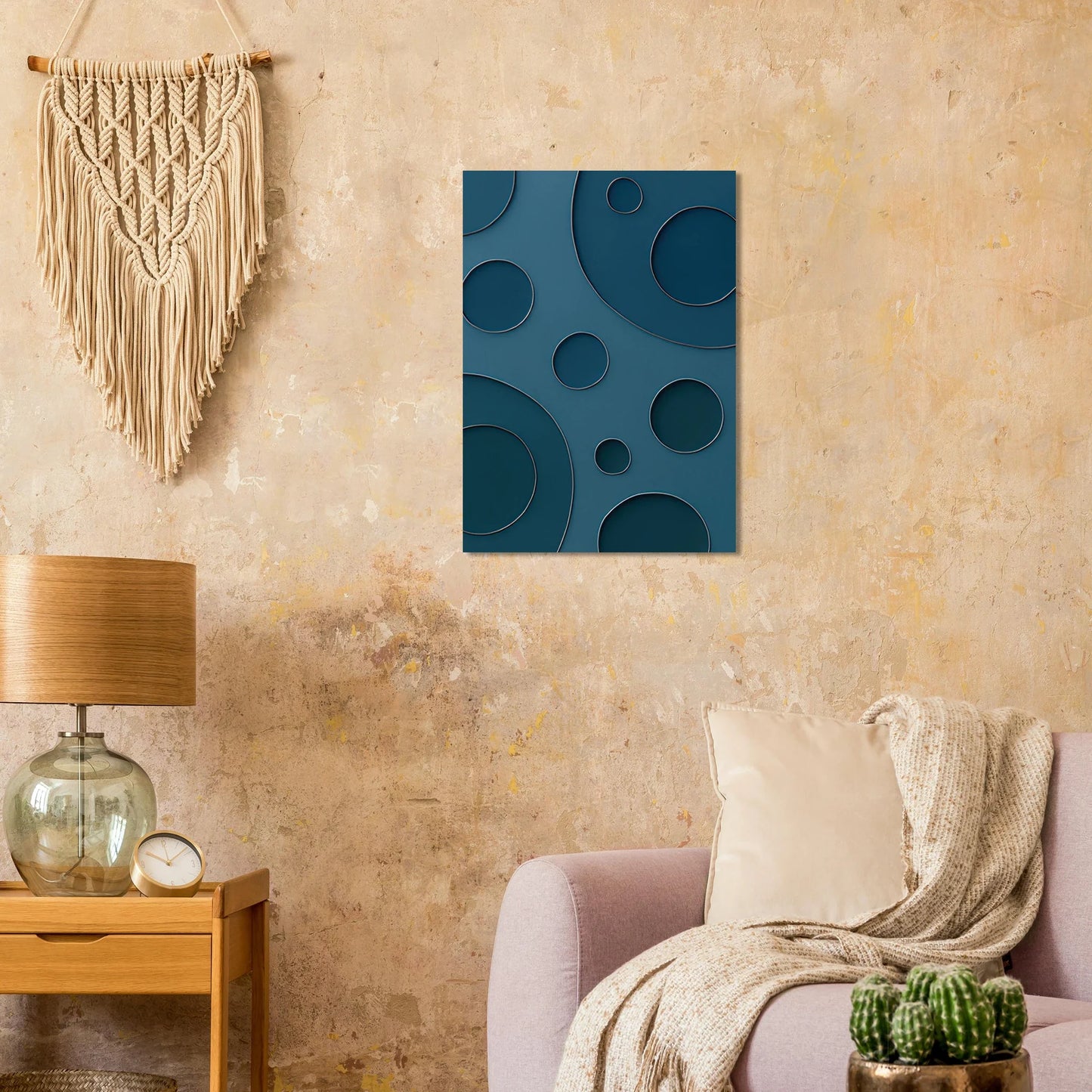 Abstrakt Minimalistisk Poster - Eleganta Blå Cirklar med Silverdetaljer i Flera Storlekar