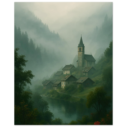 Mystical Alpine Village Foggy Landscape Poster - Evocative Mountain Scenery Art Print in Various Sizes