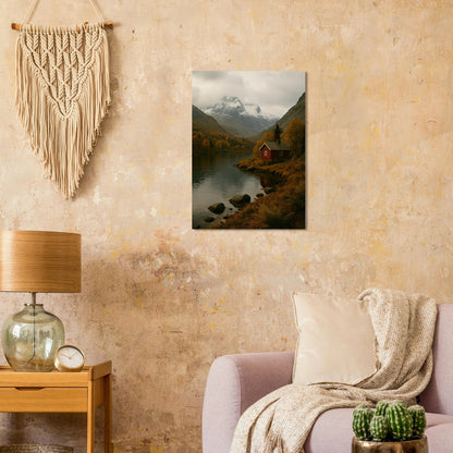 Red Cabin by the Lake: A Serene Autumn Mountain Landscape Poster