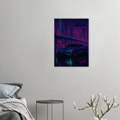 Futuristic Cyberpunk Stad Night Drive Konsttryck – Neonbelyst Bil Affisch i Valfri Storlek