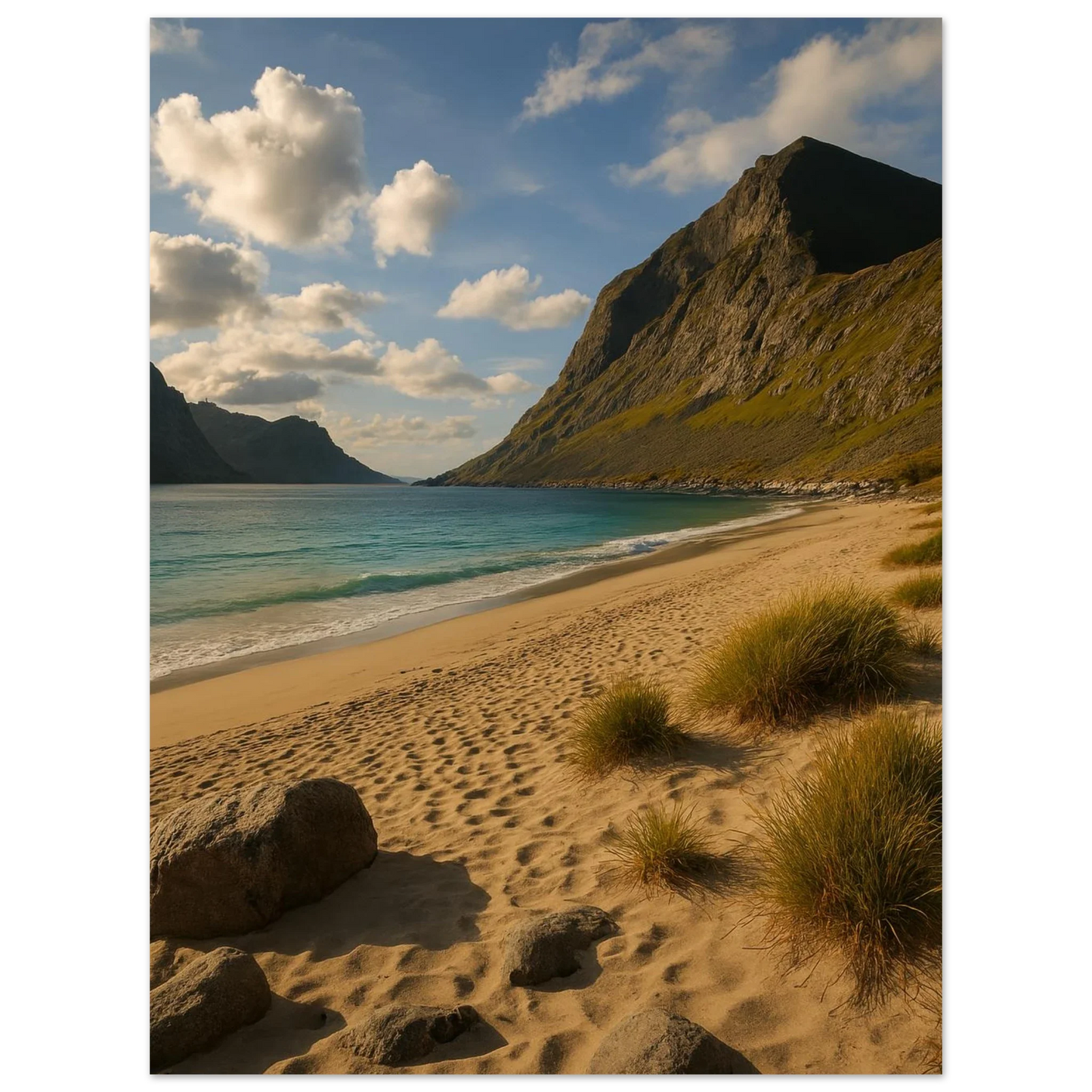 Serene Mountain Beach Horizon Poster – Coastal Beauty Print with Azure Waters & Golden Sand