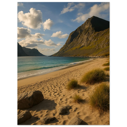 Serene Mountain Beach Horizon Poster – Coastal Beauty Print with Azure Waters & Golden Sand