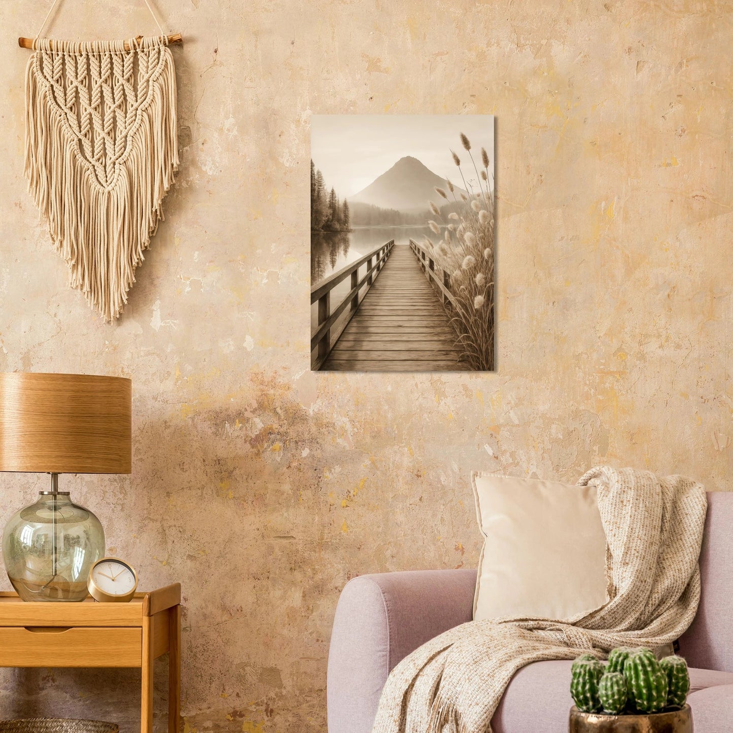 Misty Mountain Lake Dock Poster - Serene Sepia Landscape Art Print