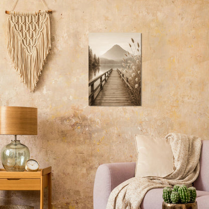 Misty Mountain Lake Dock Poster - Serene Sepia Landscape Art Print
