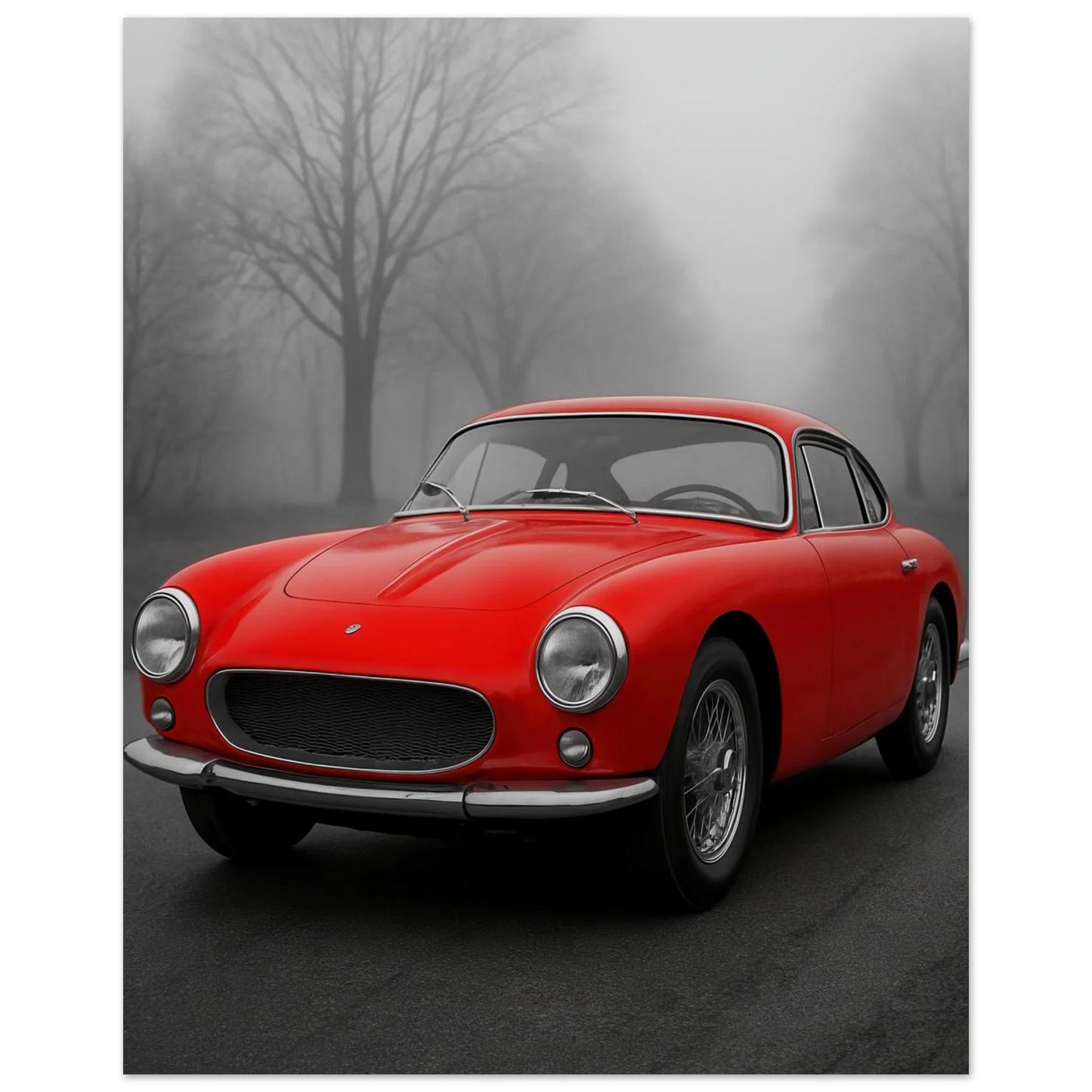 Bilar: Classic Red Sports Car Art Print – Captivating Mist Series, Available in Multiple Sizes