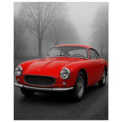 Bilar: Classic Red Sports Car Art Print – Captivating Mist Series, Available in Multiple Sizes