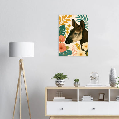 Djur: Okapi i Tropisk Flora Konsttryck - Halvblank Premium Affisch i Flera Storlekar