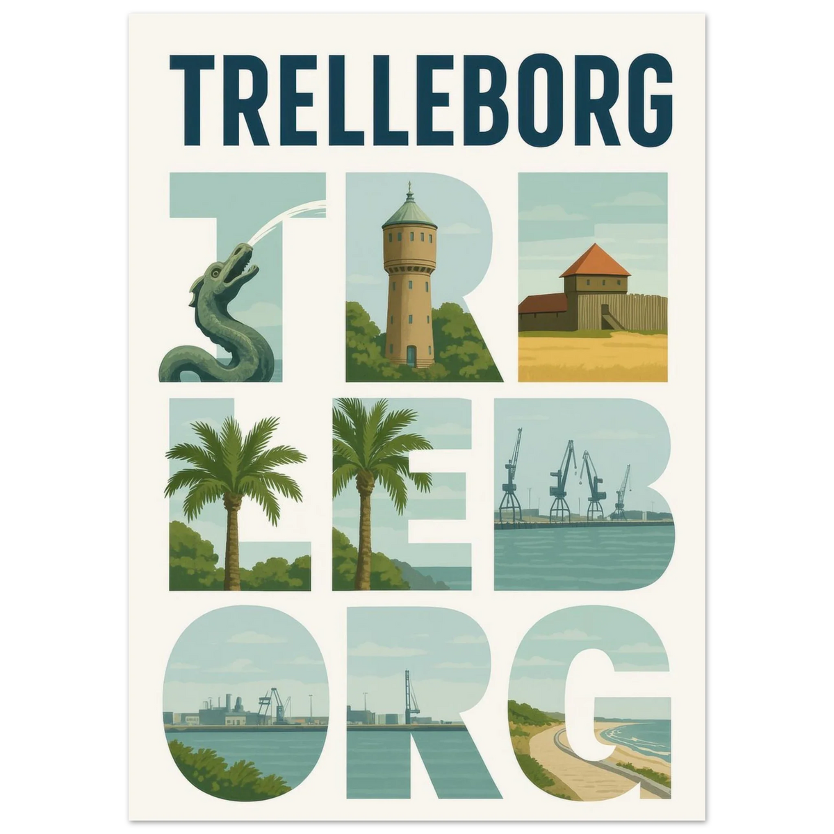 Trelleborg Travel Poster: Iconic Landmarks & Coastal Views in a Unique Typography Design